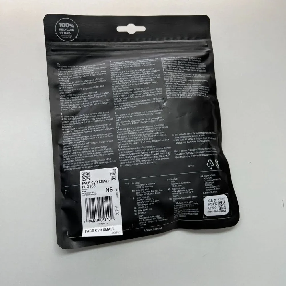 Adidas Face Mask Cover Protection Black Sz S One pack includes 3 masks.